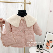 女童加绒棉衣韩版秋冬季女宝宝毛绒大翻领加厚抽绳絎线棉服送包包