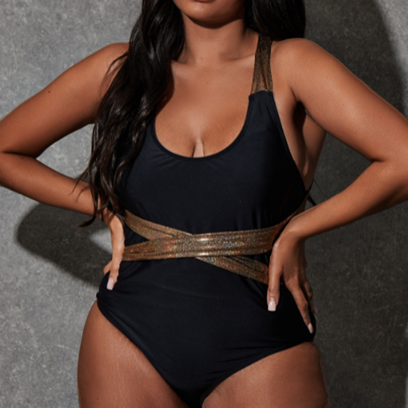 plus size low-cut cross sling lace-up color matching one-piece swimsuit NSJHD124710