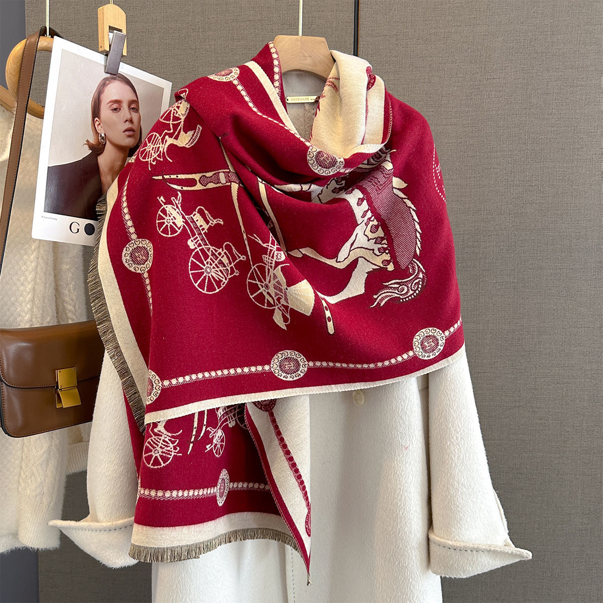 2025 Cross-Border Autumn and Winter Faux Cashmere Scarf for Women, Sweet and Fashionable, Thickened for Warmth, Year of the Horse Scarf and Shawl