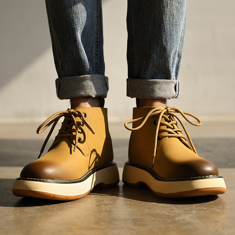 Men's big head leather shoes High top men's shoes winter plus fleece work boots casual British ankle boots men's big yellow boots_voghion.com