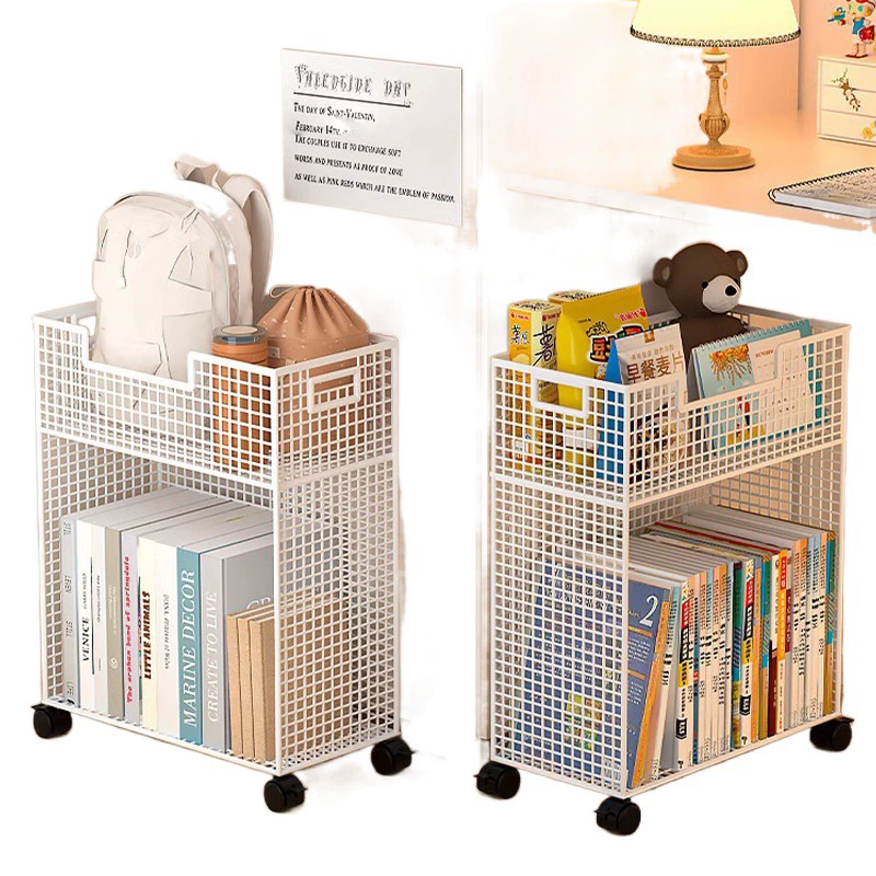 Small movable bookshelf, desktop-to-floor storage with wheels, multi-tier compact organizer