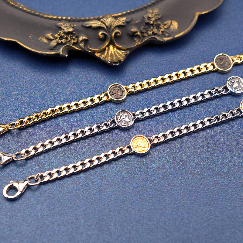 New S925 Sterling Silver Athena Ancient Coin Cuban Bracelet Female Niche High-end Small Silver Coin Vintage Bracelet Bracelet