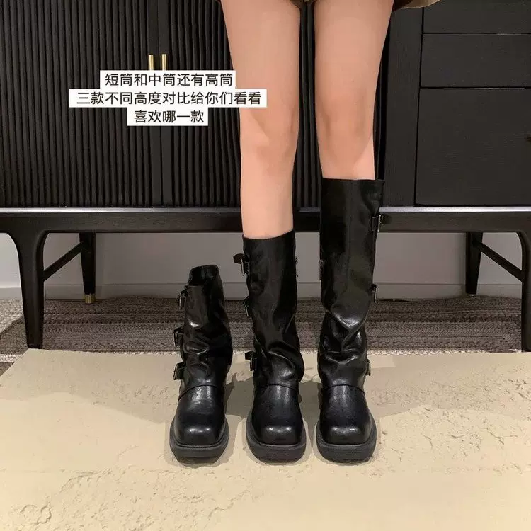 洋气巨好看中筒靴女2025新款爆款超火堆堆皮靴粗跟棕色小短靴子