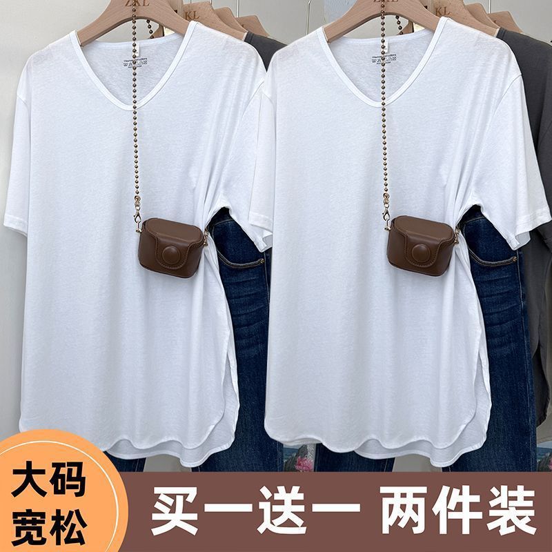シングル/ツーピース大きいサイズルーズミドル丈Vネック半袖Tシャツ女性用2025夏新作ファットMMカバートップ|undefined