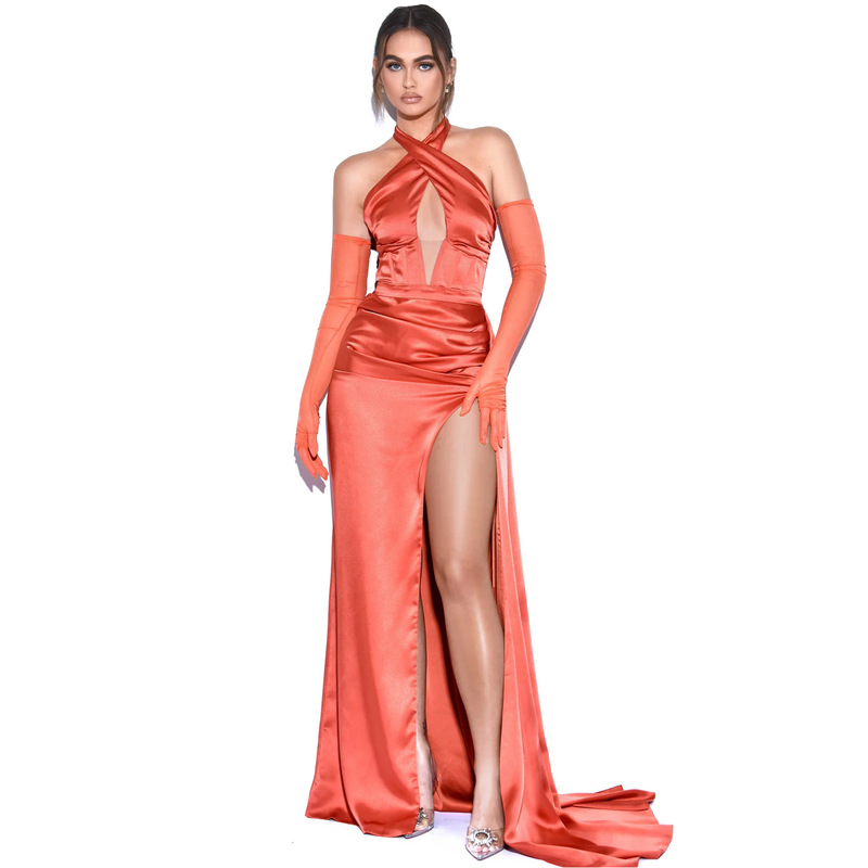 European and American-style colorful coral halter backless Fishbone corset dress cross low-cut design split tail dress