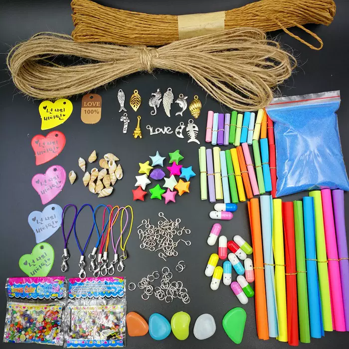 清新小杂货玻璃瓶吊牌 麻绳 星星 药丸 信纸 彩砂 泡大豆 小海螺