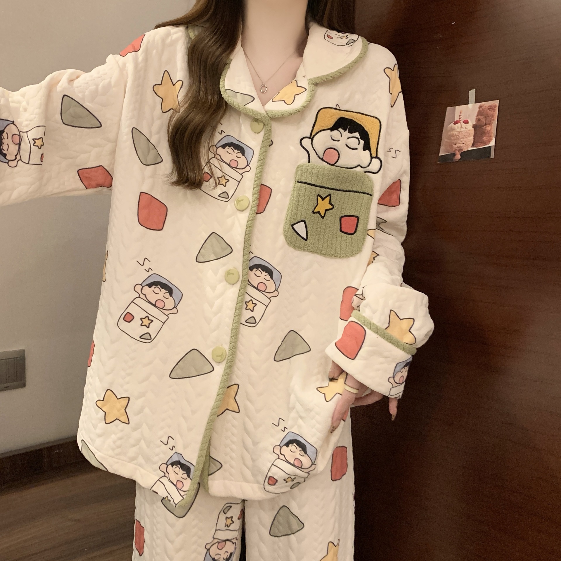 Air Cotton Pajamas for Girls Autumn and Winter New Thickeneded Pure Cotton Sandwich Cotton Cartoon Student Winter Home Wear Set