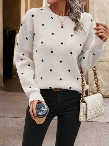 Women's European and American Cross-border Fashion Round Neck Long Sleeve Hooded Sweater Top with Polka Dot Embroidered Knit Shirt for Autumn