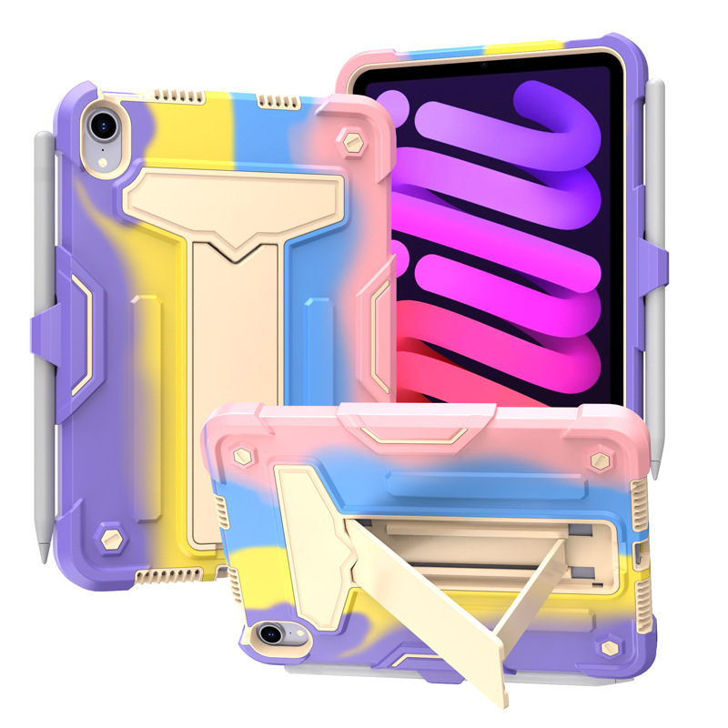 Suitable for iPad Mini 6 Contrasting Color Silicone Pc Stand Anti-Fall Tablet Case iPad Mini6 Three-In-One Protective Cover