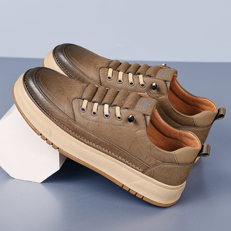 Giày da nam sneaker cổ thấp đế mềm thoáng khí phong cách Hàn Quốc — Màu kaki, màu đen