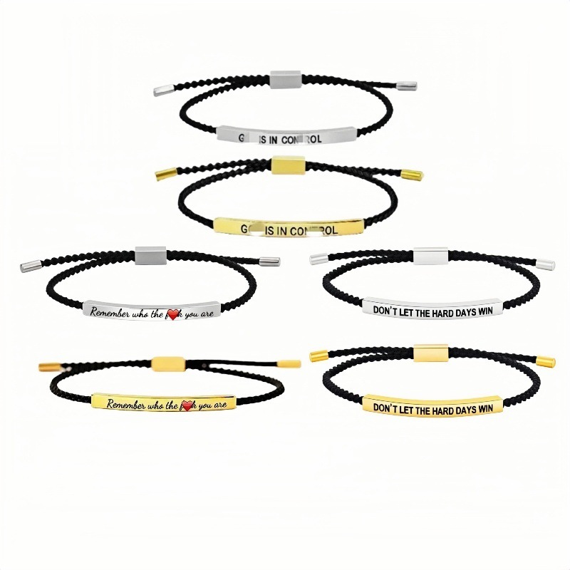 Amazon Cross-Border Best-Selling Stainless Steel Curved Tube Engraved Inspirational Pineapple Rope Adjustable Pull-Out Braided Bracelet in Stock