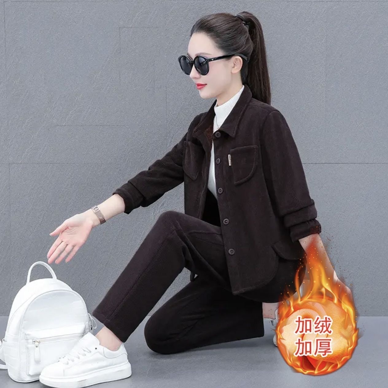 灯芯绒套装女休闲时尚春秋新款洋气减龄卫衣开衫阔腿裤两件套