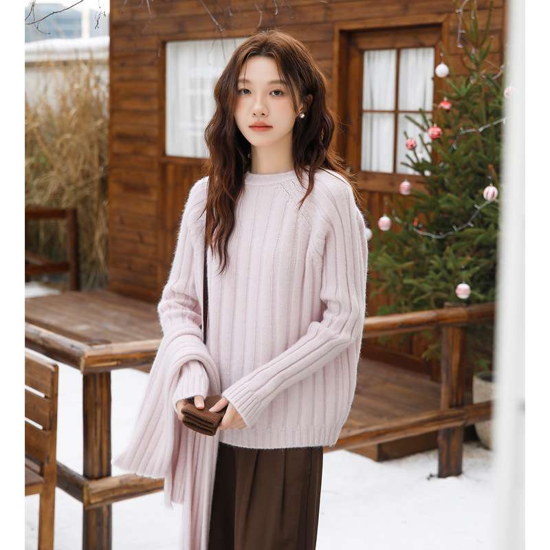 Scarf-Style Sweater Knitwear for Women, Long-Sleeved Round Neck Ribbed Two-Piece Set, 2026 New Winter Korean Style Elegant Top