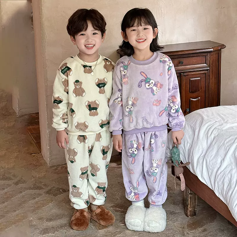 儿童法兰绒睡衣套装韩版男女童加绒加厚家居服中大童保暖内衣套装
