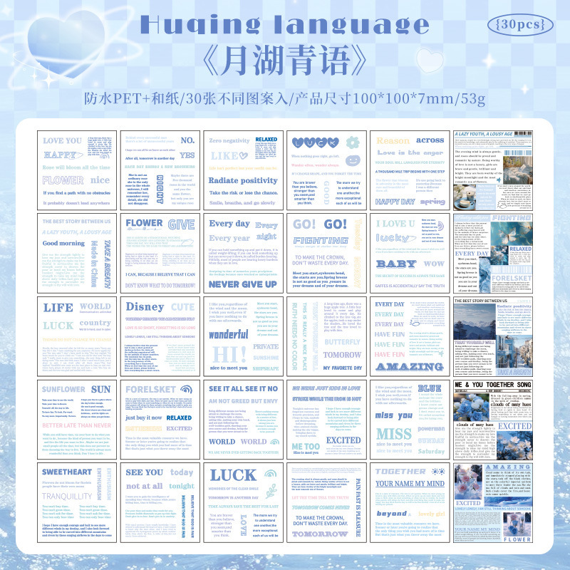 Lluvia brillante transparente pegatinas de mascotas impermeables libros retro transfronterizos inglés palabras de moda pegatinas de texto decoración de contabilidad