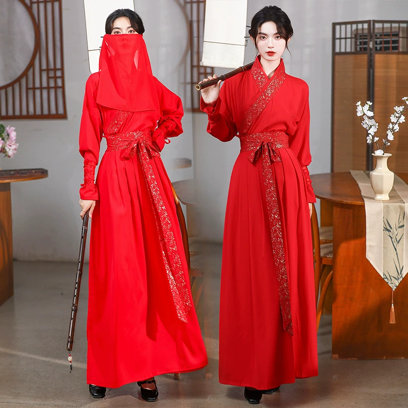 Улучшенный китайский стиль Hanfu красный воротник