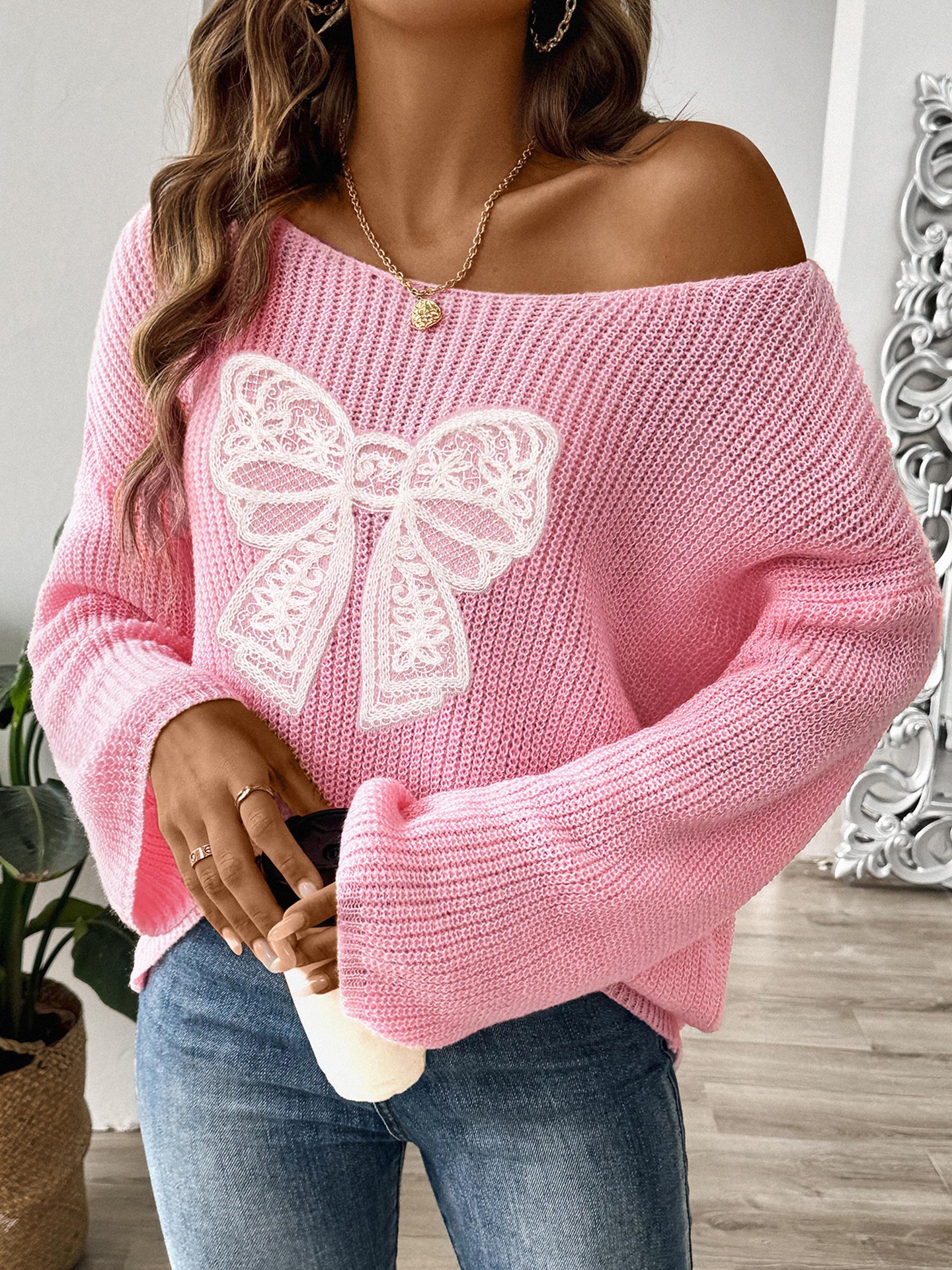 Damenbekleidung Damen Pullover Pullover eine Schulter schulterfrei Trompetenärmel Pullover_voghion.com
