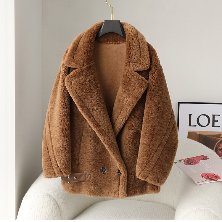 2024 Haining Fur Grain Lamb Fur All-In-One Shearling Teddy Bear Coat Women's Short Style