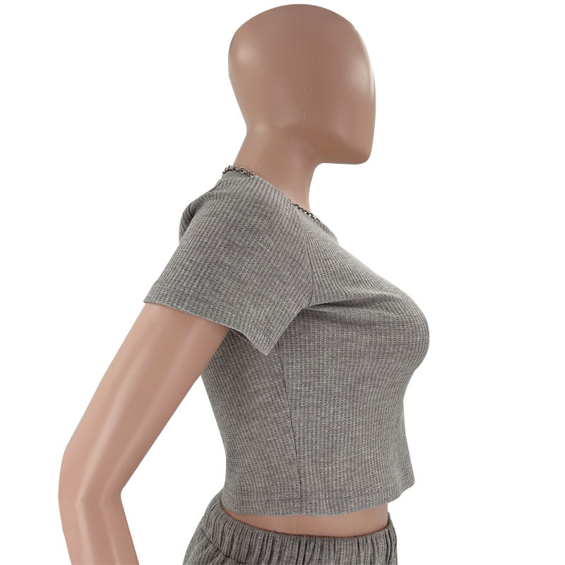 Spring Summer Solid Color Waffle round Neck Short Sleeve Women Clothing Casual Trousers Sets