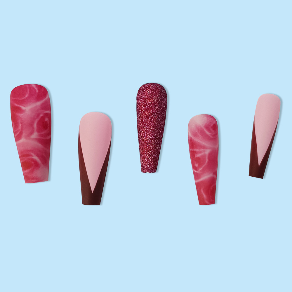 Uñas postizas retro color rojo vino con brillo, estilo Y2K, dulce y moderno, manicura francesa que realza el blanco, 24 piezas, pegatinas para uñas, lote mixto image 5
