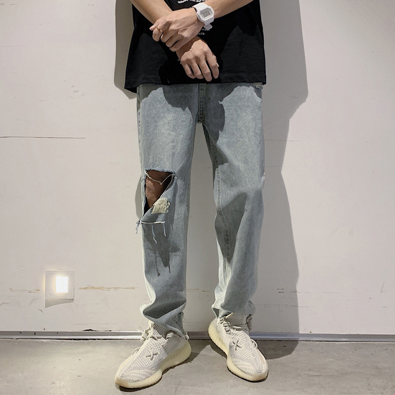 破洞牛仔裤男宽松直筒美式设计感裤子高街ins潮牌hiphop夏季长裤