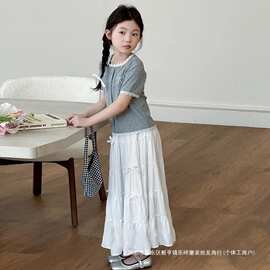 女童蝴蝶结套装夏季2025新款韩系中大童花边拼接短袖半身裙两件套