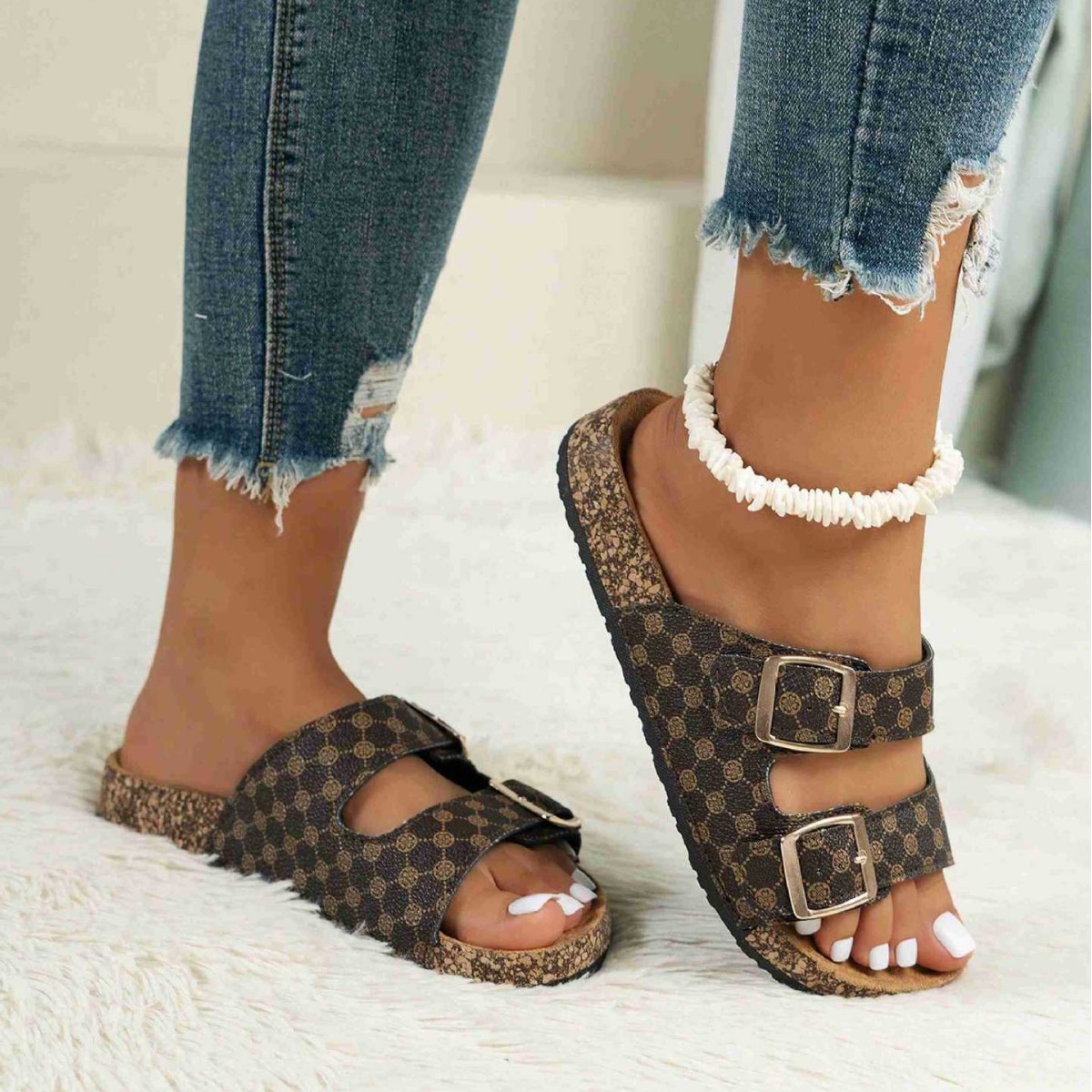 Unisex Summer Flat Sandals With Double Buckle, Thick Sole, Leopard Print, Cork, Women's Cross Body Sandals_voghion.com