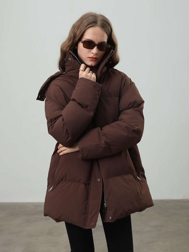 Áo khoác bông nữ có mũ, khóa kéo, thắt eo dáng ôm, dài trung bình, chất liệu polyester dày — màu nâu, màu đen, quả mơ chi tiết 43