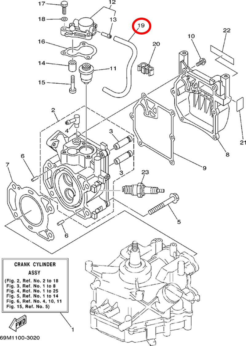 19)翟墨DEMONS舷外机船外挂机橡皮艇节温器盖回水软管90445-09808