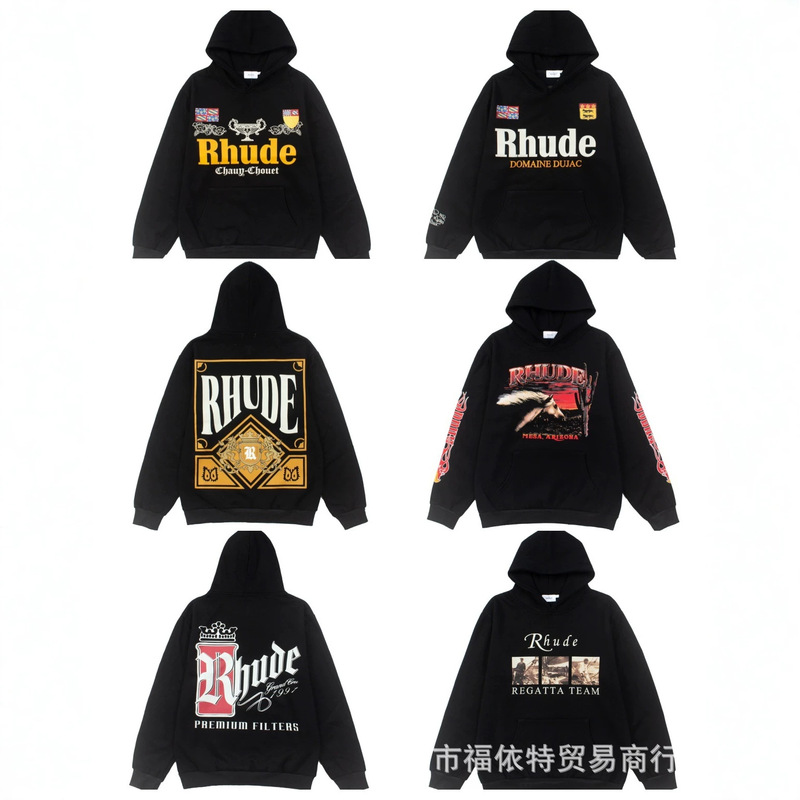 2026 Spring and Autumn New Style RHUDE Fashion Brand High Street Letter Print Hooded Sweatshirt Unisex Wholesale