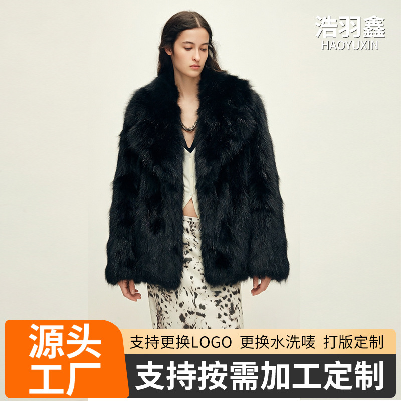 New cross-border short black lapel coat with waist rope, autumn and winter eco-friendly thickened fox fur collar, elegant style.