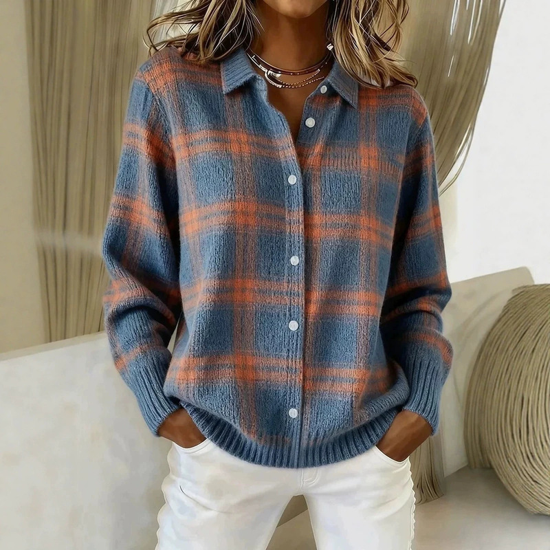 European and American cross-border Amazon women's casual loose-fitting autumn and winter plaid long-sleeve turn-down collar shirt sweater cardigan top for women European and American cross-border Amazon women's casual loose-fitting autumn and winter plaid long-sleeve turn-down collar shirt sweater cardigan top for women