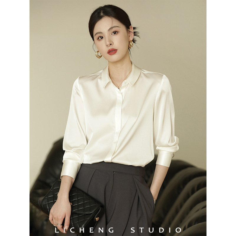 Women's Spring and Summer Silk Shirts, Niche French-Style Tops with a Pure White, High-End Feel, Silk-Smoothing Technique