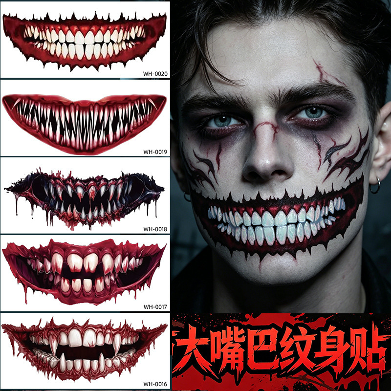 Cross-Border Halloween Big Mouth Tattoo Stickers Waterproof Long-Lasting Realistic Horror Fangs Makeup Stickers Internet Celebrity Temporary Face Stickers