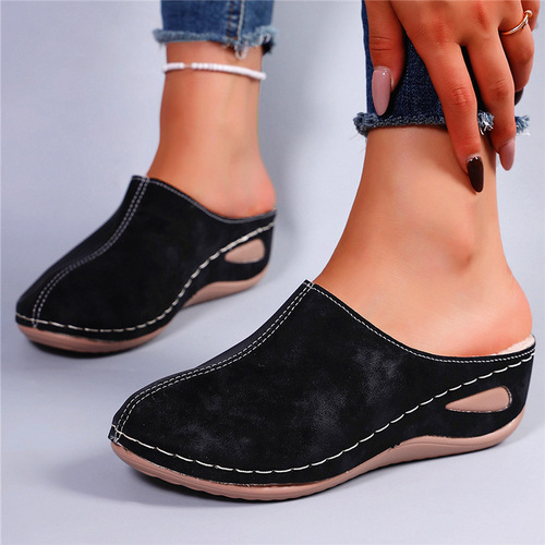 Wedge cotton slippers women's large size autumn and winter new thick sole and velvet foot-on baotou half slippers wish