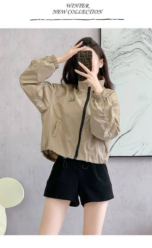 Áo khoác nữ dáng ngắn chiết eo cổ đứng khóa kéo phong cách casual — Màu lúa mì, Màu trắng ngà, màu đen chi tiết 13