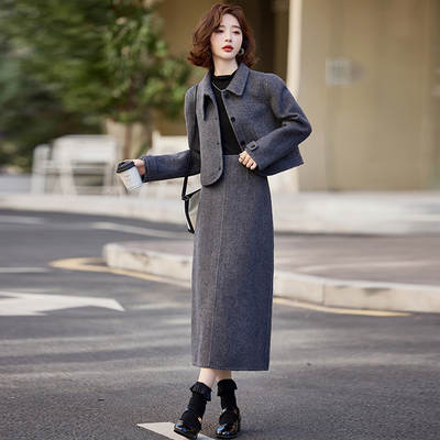 Fashion casual suit autumn and winter new women's Korean double-sided wool coat skirt two-piece skirt ZQ37