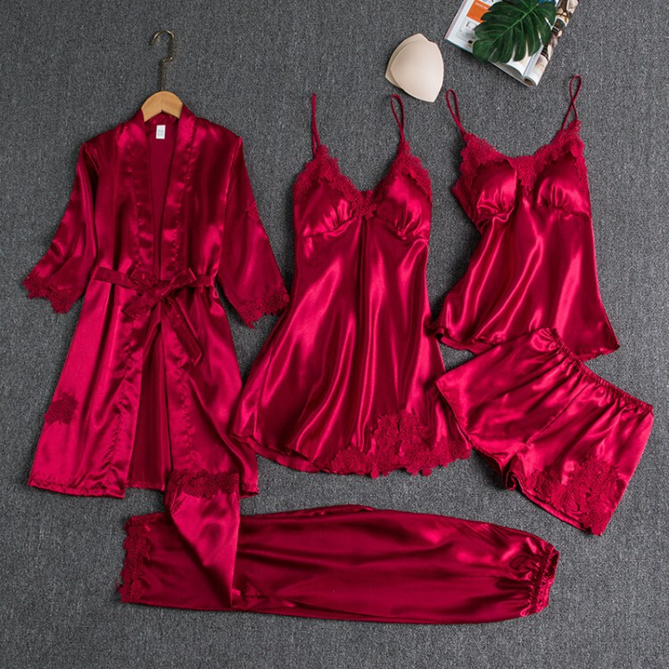 Women's Summer Ice Silk Sexy and Hot Home Wear Pajamas, Spring and Autumn Long-Sleeve Thin Large Size Cross-Border Five-Piece Set Bathrobe