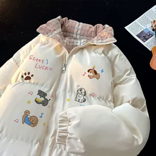 甜美可爱小狗格子拼接面包服外套女冬季加厚保暖防寒宽松棉衣棉服