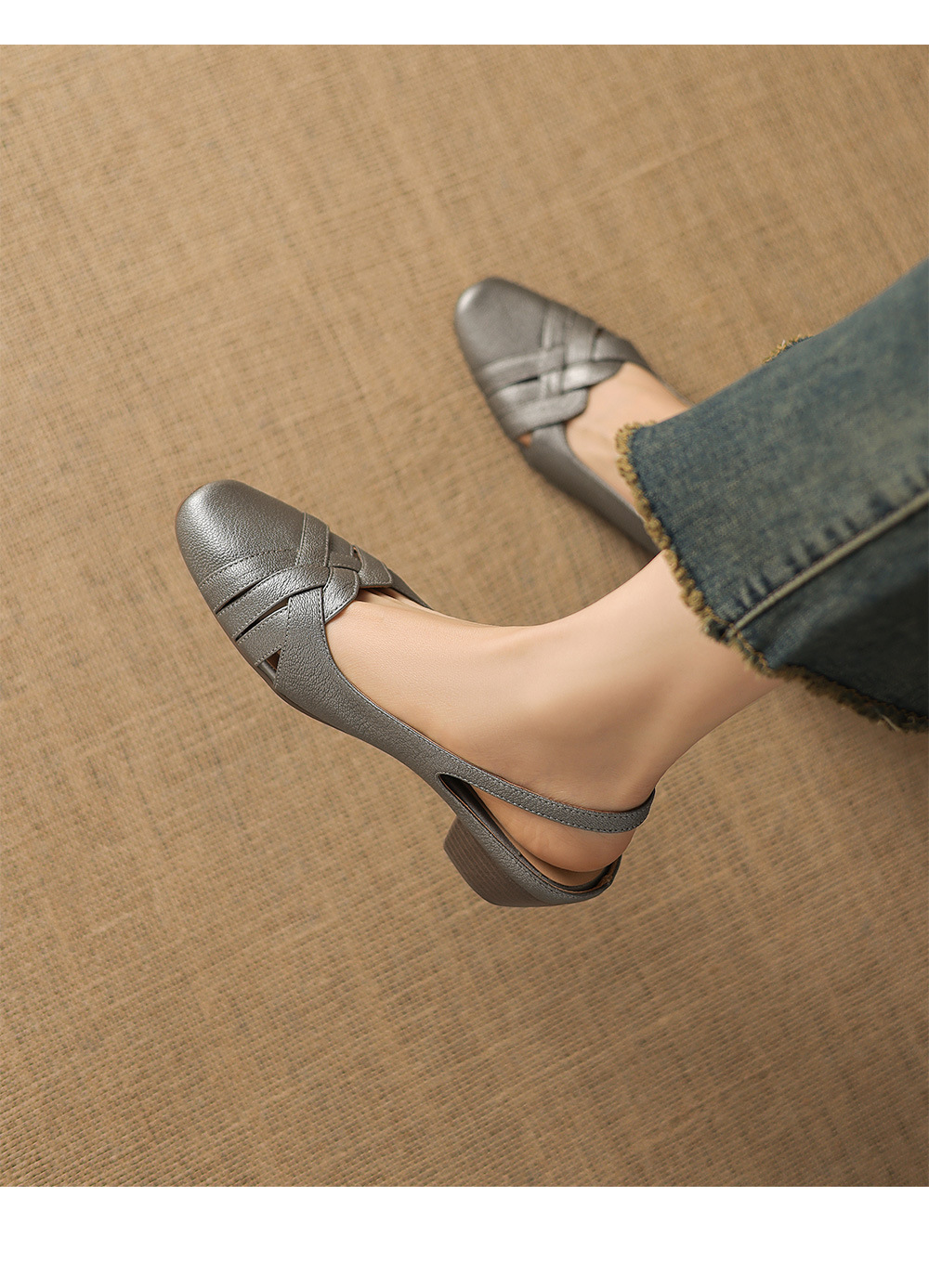 Sandal nữ mũi nhọn quai dệt gót thô 3.5 cm da cừu — Champagne màu chi tiết 14