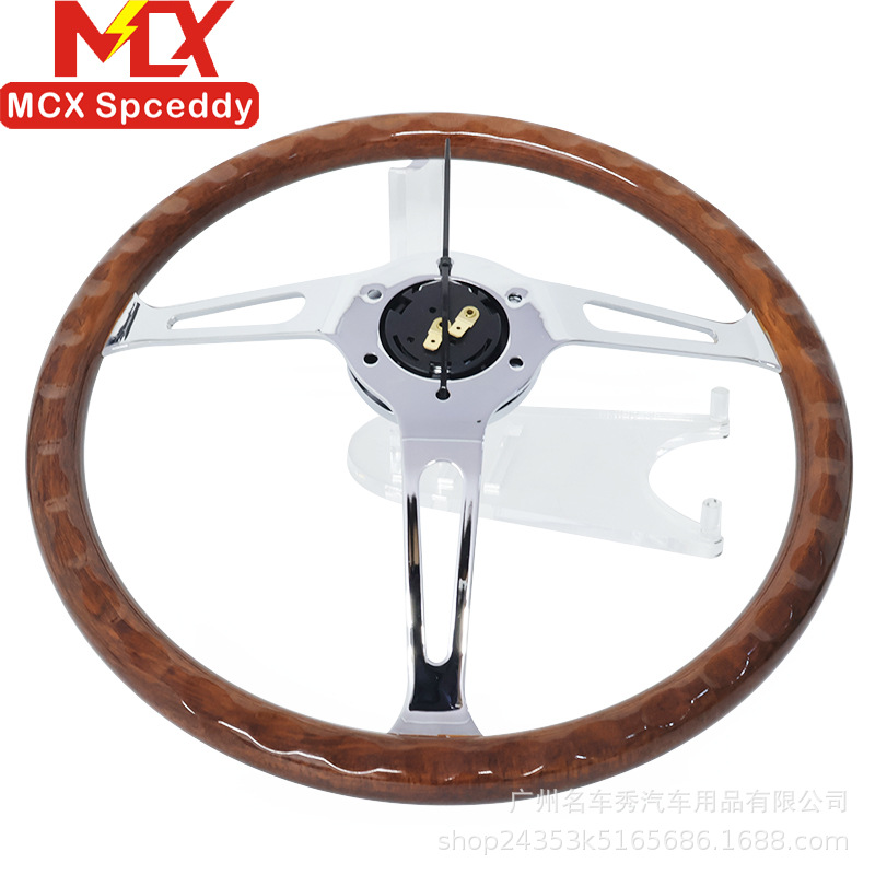 Cross-border modification 15inch peach wood color retro steering wheel 380mm universal concave electroplated bracket with a hole spacing of 70mm
