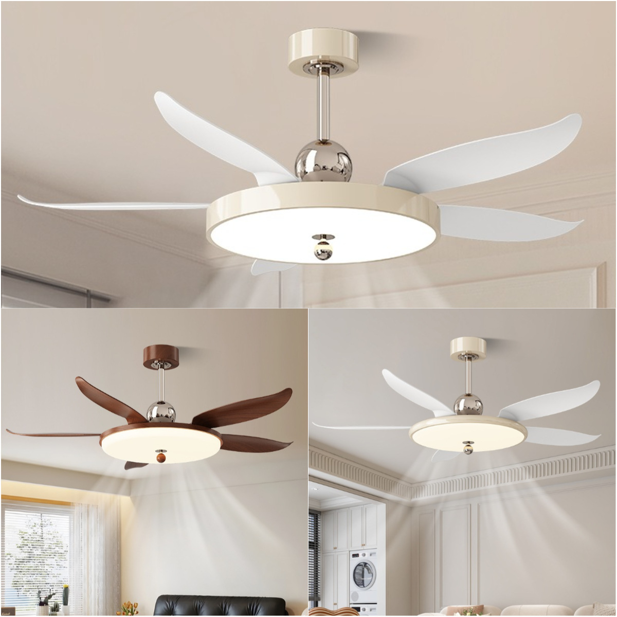 Living Room and Dining Room Ceiling Fan Light 52inch High Wind Main Bedroom Cream Mid-Century Walnut Color Fan Light