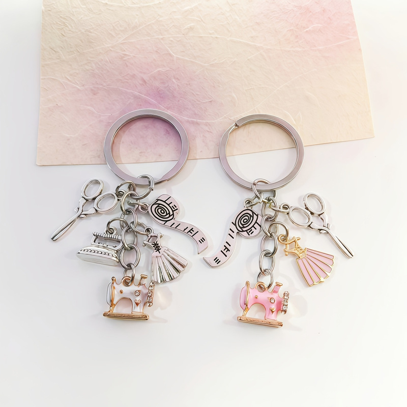Fashionable new sewing machine, scissors, iron, ruler, tailor's key pendant, clothing designer keychain
