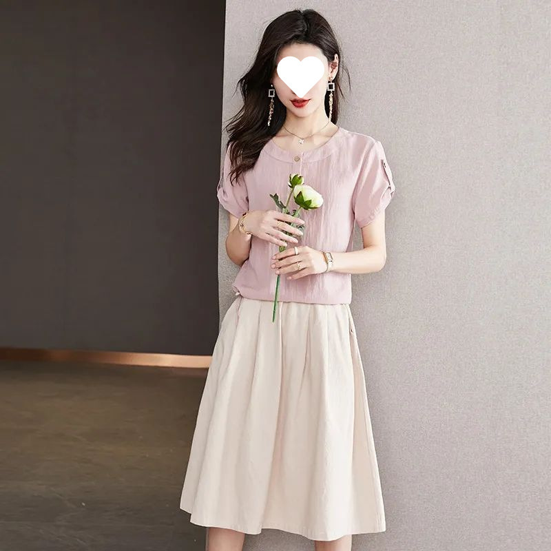 法式连衣裙女两件套纯棉夏季2025新款衬衫上衣遮肉显瘦简约半身裙|undefined