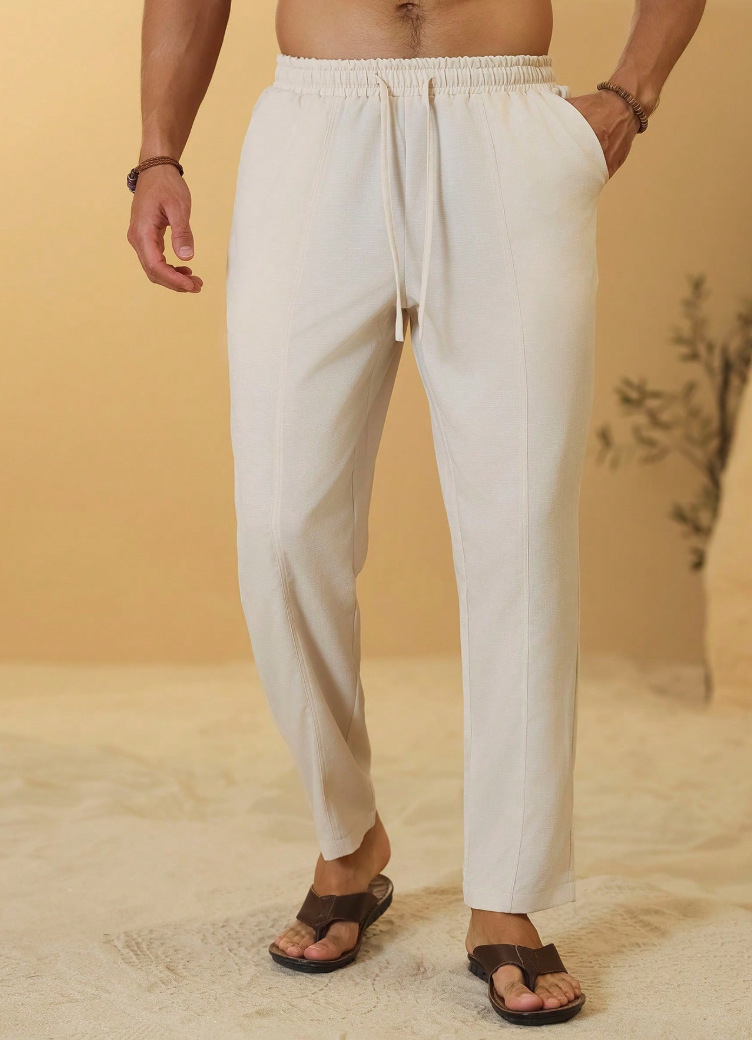 Men's Clothing Men's Linen Casual Trousers Loose Fit Breathable Beach Vacation Style Drawstring Summer For Formal & Casual_viptrois.com