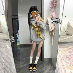 潮牌拼接格子布设计蝴蝶结绑带卫衣小众设计感百搭慵懒风秋冬上衣