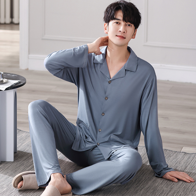 (2개) 야마 잠옷 봄과 가을 중년 및 노인 아빠 잠옷 가디건 라펠 남성 노인 느슨한 단색 가정복