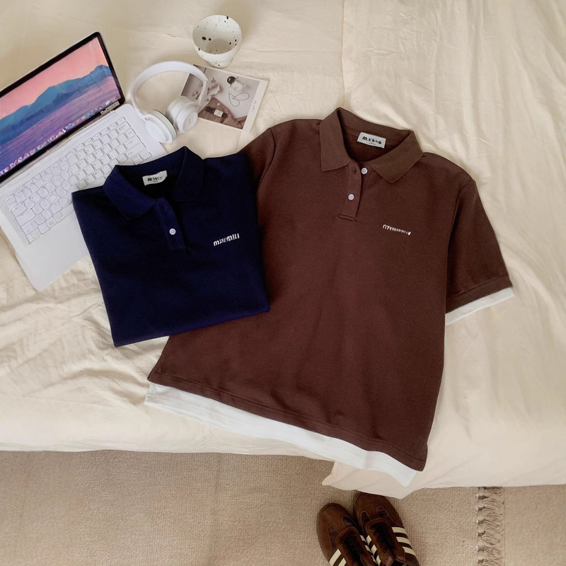 in stock Miu Wear Letter Polo Collar Fake Two-piece Short-sleeved T-shirt Couples Niche Loose Stacked Fashionable Clothes