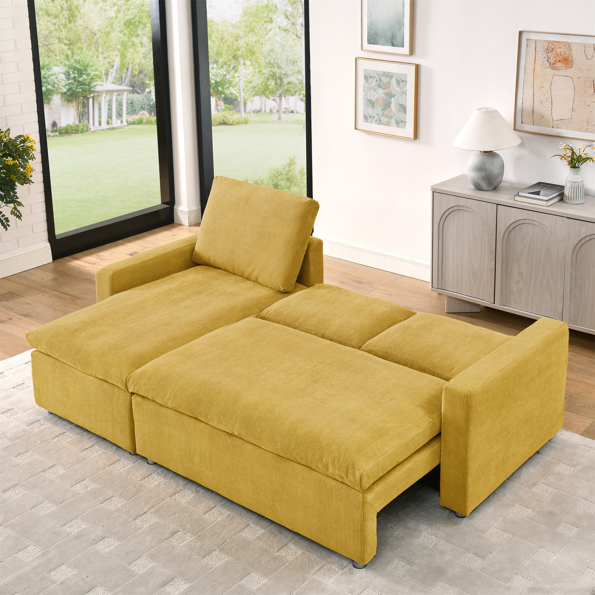 Cream Sands moderna mini sala de estar ultra ancha sentada profunda línea recta suave plum mat sofá de tela image 1