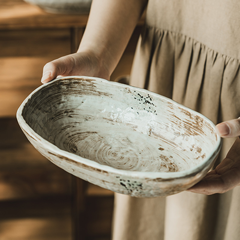 Retro Ceramic Bowl Coarse Pottery Long Bowl-Silent Wind Tableware Wholesale Bowl Household Vegetable Bowl Nink Bowl Fruit Bowl Salah Bowl